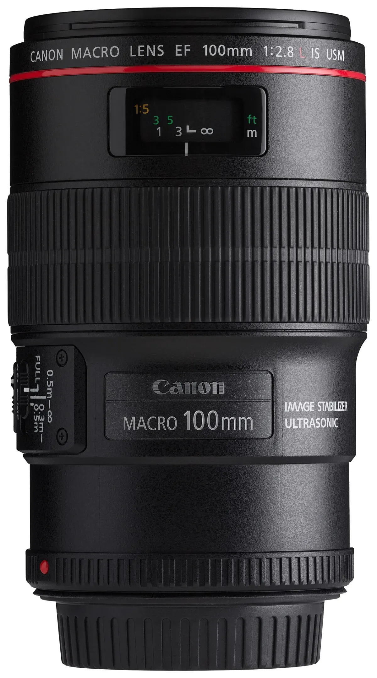 Canon macro objectief van 100mm met f2.8 lens, gefotografeerd tegen een witte achtergrond